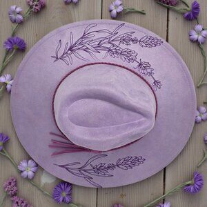 Lavender Vegan Suede Wide-Brim Hat – Laser Engraved Lavender Floral Design